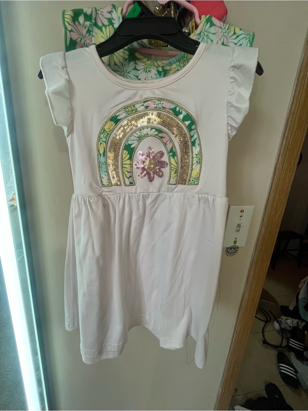 Set of 2 girls Btween dresses Pink with Gold Sequin rainbow and green floral